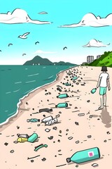 Polluted beach with plastic debris highlighting environmental impact on marine ecosystems and coastal communities - obrazy, fototapety, plakaty