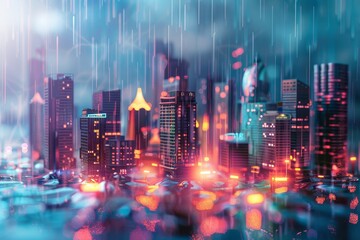 Fototapeta premium A cityscape with a bright red lightning bolt in the sky