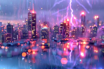 Fototapeta premium A cityscape with a bright red lightning bolt in the sky