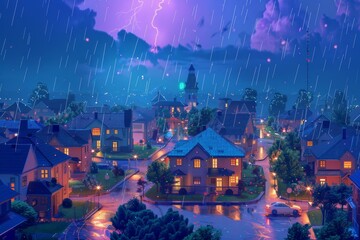 A small town is shown in the rain with houses lit up at night
