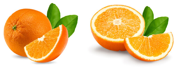 orange fruit with cut of orange and green leaves isolated on white background. clipping path