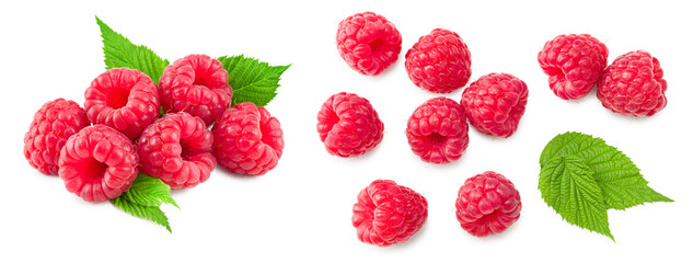 ripe raspberry with green leaf isolated on white background. macro. clipping path