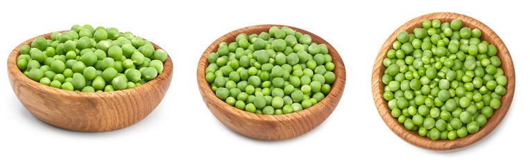 Fresh green peas in wooden bowl isolated on white background. clipping path