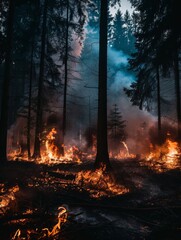 A haunting forest fire blazes fiercely among towering trees, with flames and smoke casting an eerie glow under the twilight sky.