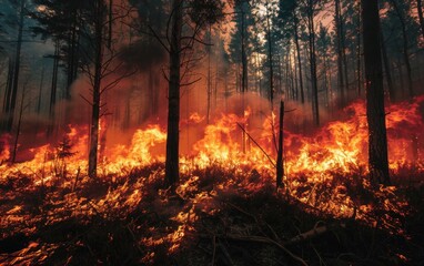 Intense flames and thick smoke engulf a dense forest, creating a dramatic and destructive scene of an out-of-control wildfire.