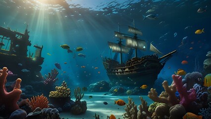 Obraz premium An underwater scene featuring a vibrant coral reef teeming with colorful fish and a sunken pirate ship in the background.