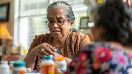 Satisfied elderly woman takes medicine while her caretaker gives advice on how to use it. Medicine for the elderly, nursing homes, home health care