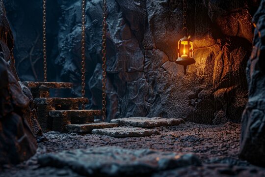 A dark cave with a lantern hanging from the ceiling