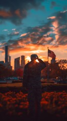 Fototapeta premium A twilight scene captures a soldier saluting the American flag, with a dramatic sky and city skyline.