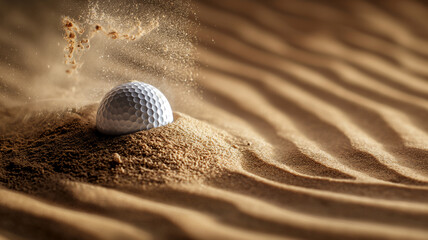 Golf ball making impact in sand trap, sand grains flying, dynamic sports moment captured.