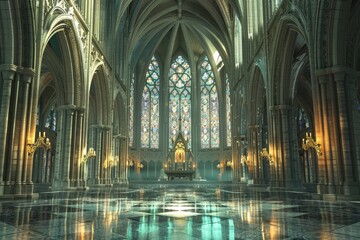 A large, empty room with stained glass windows and a cathedral-like atmosphere - obrazy, fototapety, plakaty