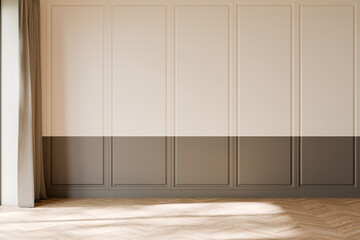 Obraz premium A stylish and modern interior wall featuring elegant beige and gray panels complemented by a luxurious wooden floor, 3d render.