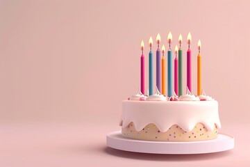 3D rendering of a birthday cake with colorful candles against a pink background.