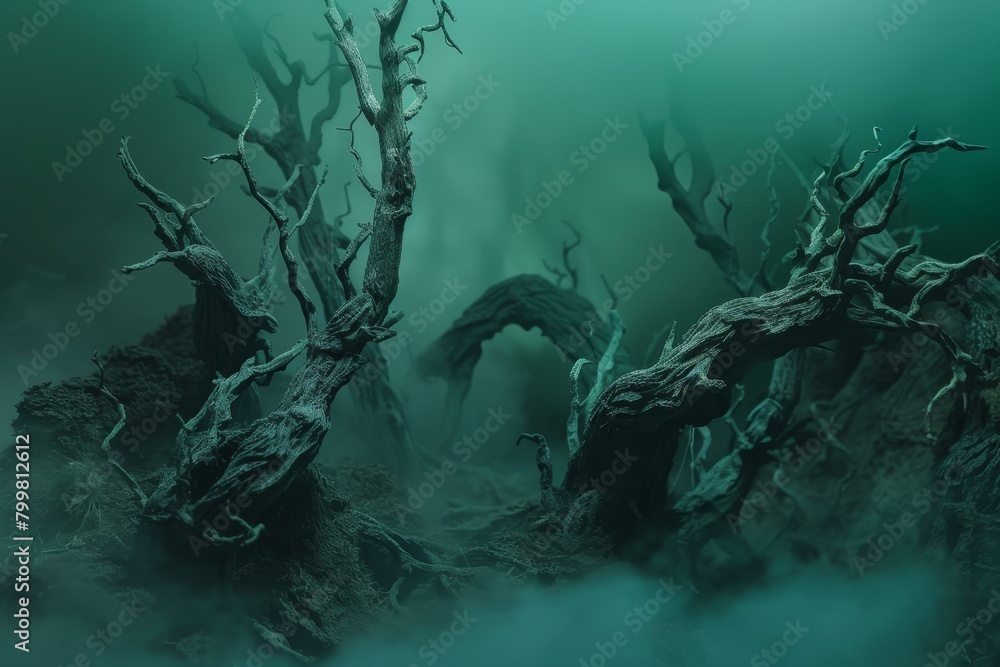 Poster a forest scene with trees and fog