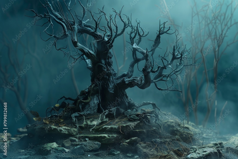 Poster a forest scene with trees and fog