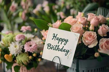 A beautiful bouquet of flowers with a "Happy Birthday" card.