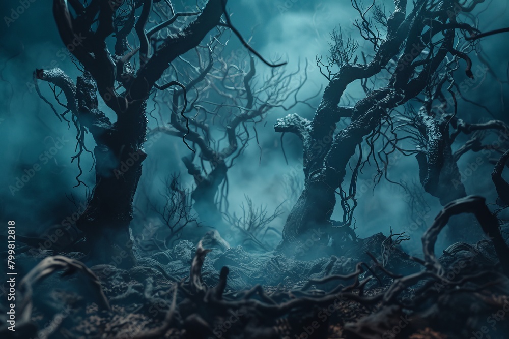 Poster a forest scene with trees and fog