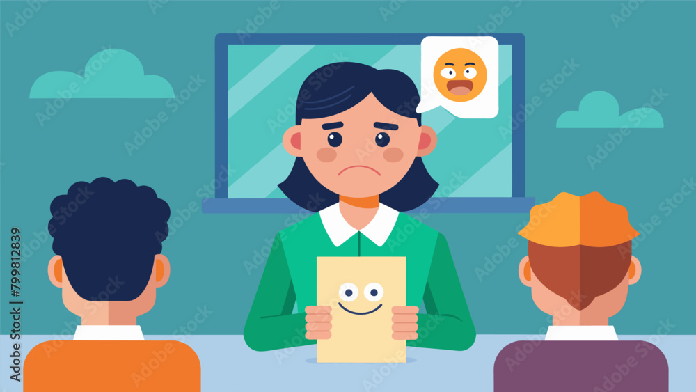 Poster a student holding a card with a picture of a facial expression trying to imitate it in front of the 