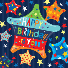 Happy birthday card design with colorful text and stars