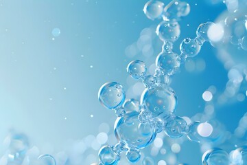 Blue background with water bubbles and molecules promoting collagen serum skincare. Concept Skincare Photography, Collagen Serum, Blue Background, Water Bubbles, Molecular Structure