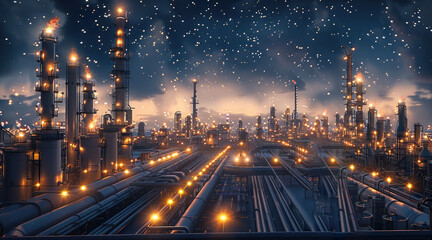 Industrial panorama of an oil and gas refinery operating under the stars, featuring detailed...