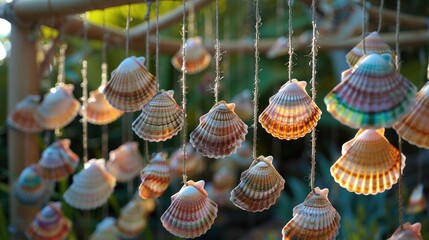 Ornamental glass shells hanging from strings from a wood frame garden design. Generative AI.