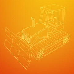 Big front-end loader bulldozer. Heavy equipment machine and manufacturing equipment for mining. Wireframe low poly mesh vector illustration.