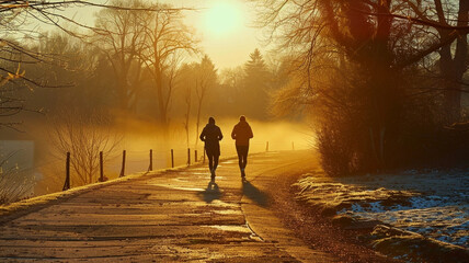 Fototapeta premium Two People Running at Sunset Through the Forest