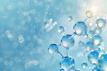 Promoting collagen serum skincare with a blue background featuring water bubbles and molecules. Concept Beauty Photography, Skincare Advertising, Collagen Serum, Blue Background, Water Bubbles