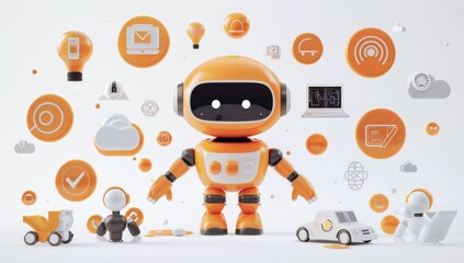 Fototapeta premium A cute orange robot is waving and smiling while standing in the center of an industrial scene
