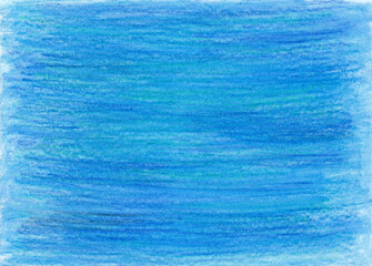 Abstract blue background. Filled with texture drawn with colored pencils. Horizontal strokes. Different shades and blurs. A white background can be seen in the heavens. Gentle, soft texture.