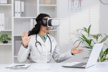 A female doctor wearing a virtual reality headset in her office, experimenting with advanced medical technology to enhance patient care.