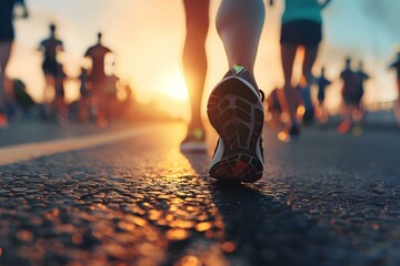 Low angle view of runners legs in city marathon race at sunrise. Concept Sports Photography, Running Races, City Marathons, Sunrise, Low Angle View