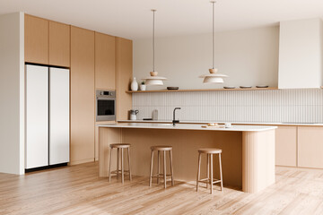 Modern kitchen interior with wooden fittings, sleek surfaces, and a high countertop for casual dining, 3d render.