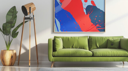 Dynamic abstract shapes in red and blue, suited for stylish living rooms with green sofas.