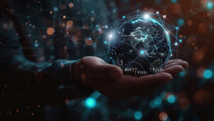 Hand holding glowing earth with global network and connectivity concept