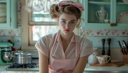 A young woman in 1950s attire, cooking in a retro kitchen