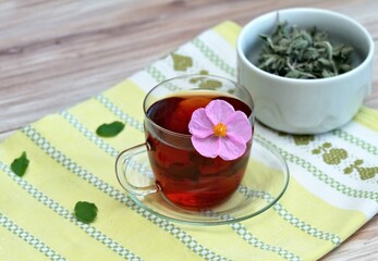 Cup of herbal infusion from Cistus incanus, known as rock rose. Traditional curative herbal tea...