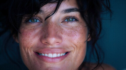 Close-Up Dark-Haired Woman Very Detailed Faces Smiling Natural Skin Age 40