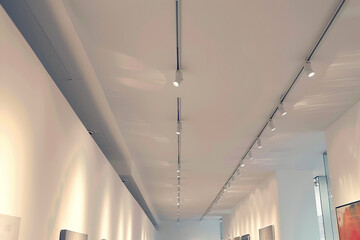 Italian track lights along a gallery ceiling enhancing the visual appeal of artworks.
