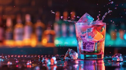 A glass of colorful neon liquid with ice cubes splash. Generate AI image