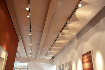 Gallery ceiling with Italian track lighting that accentuates modern art directionally.