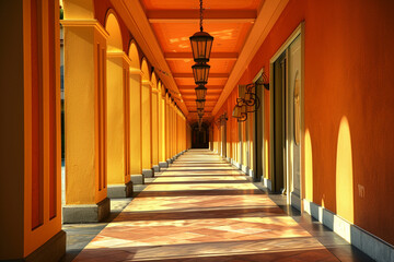 Fototapeta na wymiar Brightly lit corridor with Italian ceiling lights, enhancing architectural depth.