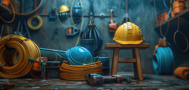 A construction equipment arranged on a dark background. Include a blue hard hat, yellow and orange extension cords on reels, a wooden stool, and a brown leather tool belt. Generative AI.