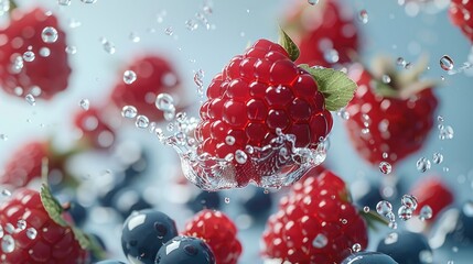 Berries floating in the air on a minimalistic background. Generative AI.