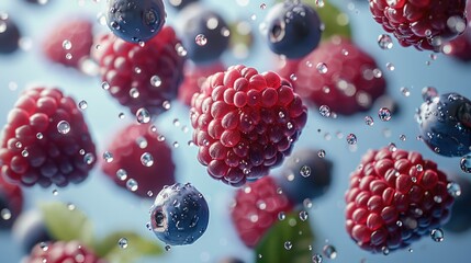 Berries floating in the air on a minimalistic background. Generative AI.