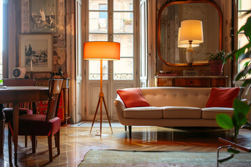 Living room scene with a modern Italian lamp and vintage furniture, showcasing contrasting styles.