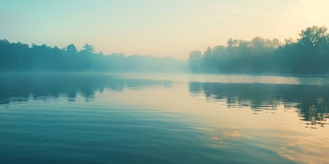 Tranquil Dawn at a Misty Lakeside Reflecting Serenity and Nature