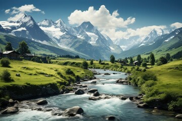 Wooden houses near a river in Switzerland. Mountain range. Trees with green leaves. The mountains are covered with snow. Serene scene. Blue sky with white clouds. Generative AI.