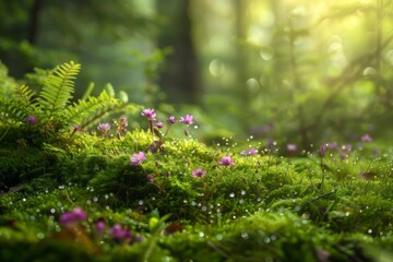 Enchanted Morning Dew on Vibrant Forest Undergrowth with Sunbeams